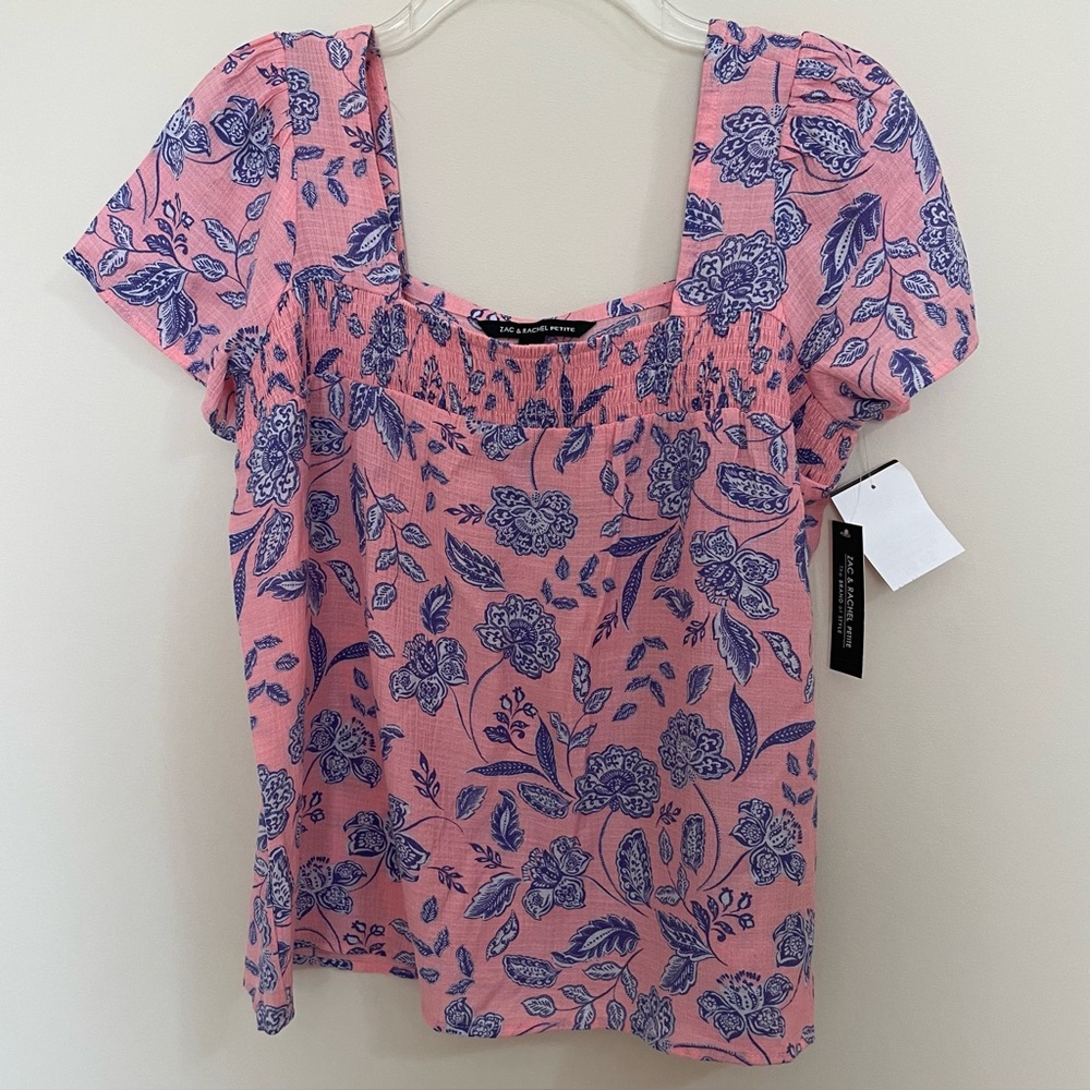 Zac & Rachel Petite Pink & Blue Short Sleeve Smock Square Neck Blouse Wm Sz PL